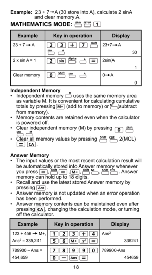 Page 1918
Independent Memory
•  Independent memory       uses the same memory area as variable M. It is convenient for calculating cumulative 
totals by pressing        (add to memory) or      (subtract 
from memory).
•  Memory contents are retained even when the calculator  is powered off.
•  Clear independent memory (M) by pressing             
•  Clear all memory values by pressing                2(MCL) 
                   .
Answer Memory
•  The input values or the most recent calculation result will  be...