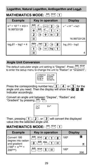 Page 3029
 Angle Unit Conversion 
The default calculator angle unit setting is “Degree”. Press
to enter the setup menu to change the unit to “Radian” or “Grad\
ient”,:
MATHEMATICS MODE:
Press the corresponding number key        ,         or         for the 
angle unit you need. Then the display will show the     ,     ,   
Indicator accordingly.
Convert an angle unit between “Degree”, “Radian” and 
“Gradient” by pressing
  
Then, pressing        ,        , or         will convert the displayed 
value into the...