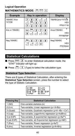 Page 4140
 Base-n Calculations and Logical Calculations Press                  to enter Base-n mode. 
  Decimal (base 10), hexadecimal (base 16), binary (base 2), octal  (base 8), or logical calculations. 
  To select a specific number system in base mode, simply press 
        Decimal [DEC],       Hexadecimal [HEX],       Binary [BIN] or
        Octal [OCT].
  Press         key to perform logical calculations including: Logic  connection [and] / [or], exclusive or [Xor], exclusive nor [Xnor], 
argument...