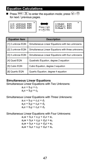 Page 4847
36
 Equation Calculations
 Press                to enter the equation mode; press      /       
for next / previous pages.
Simultaneous Linear EquationsSimultaneous Linear Equations with Two Unknowns:
 a1x + b1y = c1 a2x + b2y = c2
Simultaneous Linear Equations with Three Unknowns:
 a1x + b1y + c1z = d1 a2x + b2y + c2z = d2 a3x + b3y + c3z = d3
Simultaneous Linear Equations with Four Unknowns:
 a1w + b1x + c1y + d1z = e1 a2w + b2x + c2y + d2z = e2 a3w + b3x + c3y + d3z = e3 a4w + b4x + c4y + d4z = e4...