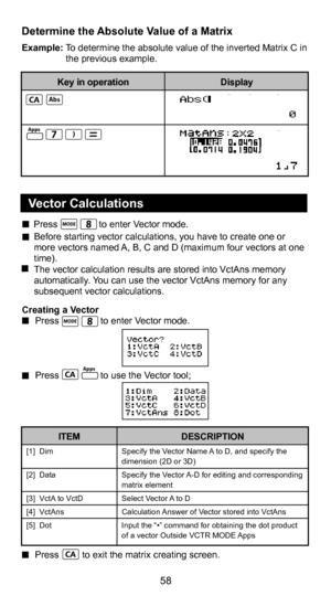 Page 5947
58
Determine the Absolute Value of a Matrix
Example: To determine the absolute value of the inverted Matrix C in the previous example. 
Creating a Vector 
  Press                to enter Vector mode. 
 
  Press                to use the Vector tool; 
Display
Key in operation
Abs
  Press         to exit the matrix creating screen .
[1]  Dim 
[2]  Data 
[3]  VctA to VctD 
[4]  VctAns 
[5]  Dot Specify the Vector Name A to D, and specify the 
dimension (2D or 3D)
Specify the Vector A-D for editing and...