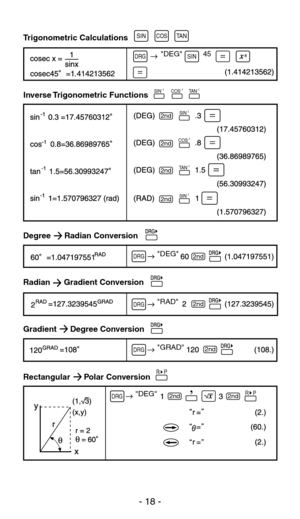 Page 19Trigonometric Calculations
Degree      Radian Conversion
Radian      Gradient Conversion
Gradient      Degree Conversion
Rectangular      Polar Conversion
2nd
2nd
2nd
2nd
2nd
SIN             DEG          45DRG
            DEGDRG
            DEGDRG
            RADDRG
            GRADDRG
SINCOSTA N
R   P
R   P
2nd
2nd
2nd2nd
Inverse Trigonometric  FunctionsSIN-1
SIN-1
SIN-1
COS-1
COS-1
TA N-1
TA N-1
- 18 - 