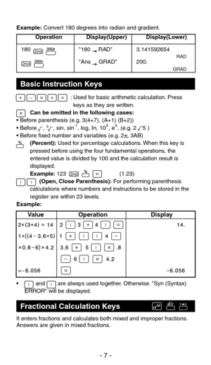 Page 8: Used for basic arithmetic calculation. Press keys as they are written.
Can be omitted in the following cases:
• Before parenthesis (e.g. 3(4+7), (A+1) (B+2))
• Before    , 
3   , sin, sin-1, log, In, 10X, eX, (e.g. 2    5 )
• Before fixed number and variables (e.g. 2  , 3AB) (Percent): Used for percentage calculations. When this key is 
pressed before using the four fundamental operations, the 
entered value is divided by 100 and the calculation result is 
displayed.
Example:  123     (1.23)...