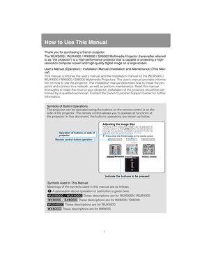 Page 22
How to Use This Manual
Thank you for purchasing a Canon projector.
The WUX5000 / WUX4000 / WX6000 / SX6000 Multimedia Projector (hereinafter referred 
to as “the projector”) is a high-performance projector that is capable of projecting a high-
resolution computer screen and high-quality digital image on a large screen.
User’s Manual (Operation) / Installation Manual (Installation and Maintenance) (This Man-
ual)
This manual combines the user’s manual and the installation manual for the WUX5000 /...