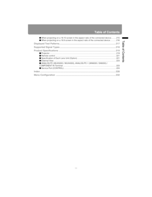 Page 1111
Table of Contents
Table of Contents■ When projecting on a 16:10 screen in the aspect ratio of the connected device......... 215
■ When projecting on a 16:9 screen in the aspect ratio of the connected device........... 216
Displayed Test Patterns........................................................................................... 217
Supported Signal Types .......................................................................................... 218
Product Specifications...