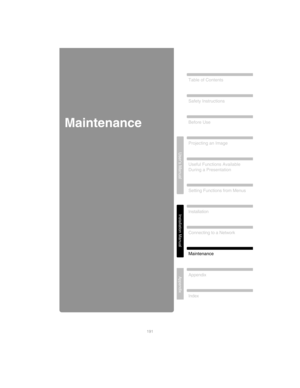 Page 191Projecting an Image
Safety Instructions
Before Use
Table of Contents
Useful Functions Available 
During a Presentation
Setting Functions from Menus
Installation
Connecting to a Network
Maintenance
Appendix
Index
Appendix
User’s Manual
Installation Manual
191
Maintenance 