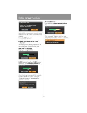 Page 108Setting Various Functions
108
Select [OK] on the screen for confirmation 
and press the OK button to reset the lamp 
counter.
Press the  MENU button.
■ About the Display of the Lamp 
Counter
The lamp counter displays the hours of 
use of the lamp in the following way.
Less than 2,700 hours
Displayed as a  green bar.
2,700 hours to less than 3,000 hours
Displayed as a  green and yellow  bar.
When the lamp hours are 2,700 hours to 
less than 3,000 hours, the message 
“Obtain a new lamp.” appears when...