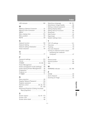 Page 183183
Index
App
endix Index
LED indicator  ...................................... 168
M
Making a Gamma Correction  ................ 91
Memory Color Correction ...................... 95
MENU .................................................... 74
Menu display time  ............................... 105
Menu position  ........................................ 84
MUTE .................................................... 69
N
Network function  ................................. 138
Network Setting...
