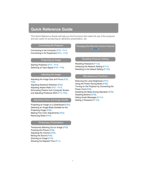 Page 33
Quick Reference Guide
This Quick Reference Guide will help you find functions that make full use of the projector 
and are useful for producing an  attractive presentation, etc.
Connecting to the Computer (P39 - P41 )
Connecting to AV Equipment ( P42 - P44 )
Starting Projection ( P45 - P47 )
Selecting an Input Signal ( P48 - P49 )
Adjusting the Image Size and Focus ( P58, 
P59 )
Adjusting Keystone Distortion ( P62)
Adjusting Aspect Ratio ( P52 - P57 )
Eliminating Flickers from Computer Screen 
and...