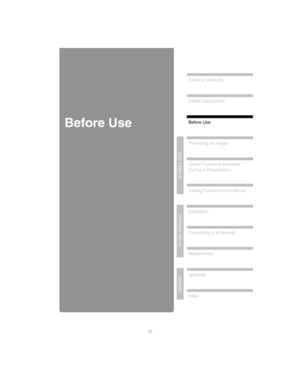 Page 23InstallationConnecting to a Network
Maintenance Appendix
Index
Appendix
Installation Manual
Projecting an Image Safety Instructions
Before Use Table of Contents
Setting Functions from Menus
User’s Manual
Useful Functions Available 
During a Presentation
23
Before Use 