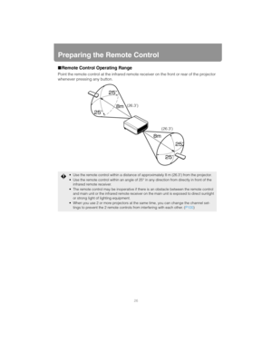 Page 2626
Preparing the Remote Control
■Remote Control Operating Range
Point the remote control at the infrared remote  receiver on the front or rear of the projector 
whenever pressing any button.
 Use the remote control within a distance of approximately 8 m (26.3 ) from the projector.
 Use the remote control within an angle of 25° in any direction from directly in front of the  infrared remote receiver.
 The remote control may be inoperative if there is an obstacle between the remote control  and main unit...