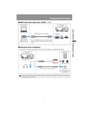 Page 4141
Connecting the Projector
User’s ManualProjectin
g an Ima
ge
■HDMI cable (Input signal type: [HDMI] – P48 )
■ Outputting Audio to Speakers
It is possible to output audio from the  projected images to amplified speakers.
Use an audio cable without a built-in resistor. Us ing an audio cable with a built-in resistor will 
reduce the audio volume.
Computer
Digital image 
output terminal 
(HDMI terminal) HDMI cable (not included)
* When an HDMI cable is connected, digi- tal sound is also connected at the...