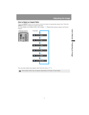 Page 5757
Adjusting the Image
User’s ManualProjectin
g an Ima
ge
How to Select an Aspect Ratio
Press the ASPECT button on the remote control and select an appropriate aspect ratio. Press the 
ASPECT  button to change the aspect ratio type.
For more details on the aspect ratios, refer to page 173 “Relationship between Aspect and Screen 
Aspect”.
You can also select any aspect ratio from the menu. ( P77)
Some aspect ratios may not appear depending on the type of input signal.
Example:Remote control 