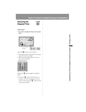 Page 7171
Useful Functions Available During a Presentation
User’s ManualUseful Functions Available During a Presentation
Showing the 
Elapsed Time
Press the  button to start counting.
• The elapsed time is displayed on the lower 
right corner of the screen.
 Time is counted up to 59:59. The timer  then returns to 00:00.
Press the   button again to stop the 
timer.
 Press the   button while the timer is 
stopped. The timer disappears from the 
screen. Then press the   button to start 
counting from 00:00.
Useful...