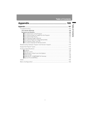 Page 99
Table of Contents
Table of ContentsAppendix ......................................................... 165
Appendix ......................................................................................................... 167
Troubleshooting ....................................................................................................... 168
LED Indicator Meanings ......................................................................................................... 168
Symptoms and Solutions...