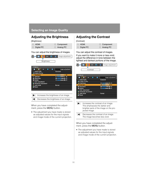 Page 90Selecting an Image Quality
90
Adjusting the Brightness
[Brightness]
You can adjust the brightness of images.
When you have completed the adjust-
ment, press the  MENU button.
 The adjustment you have made is stored 
as adjusted values for the input signals 
and image mode of the current projection.
Adjusting the Contrast
[Contrast]
You can adjust the contrast of images.
If you want to make it  more or less vivid, 
adjust the difference in tone between the 
lightest and darkest po rtions of the image....