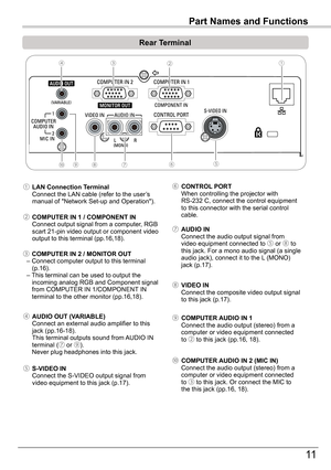 Page 1111
Part	Names	and	Functions
Rear	Terminal	
②③①④
⑤⑩⑥⑧⑦⑨
⑤ S-VIDEO	IN Connect the S-VIDEO output signal from video equipment to this jack (p.17).
⑦ AUDIO	IN Connect the audio output signal from video equipment connected to ⑤ or ⑧ to this jack. For a mono audio signal (a single audio jack), connect it to the L (MONO) jack (p.17).
⑨ COMPUTER	 AUDIO	IN	1 Connect the audio output (stereo) from a computer or video equipment connected to ② to this jack (pp.16, 18).
⑧ VIDEO	IN Connect the composite video output...