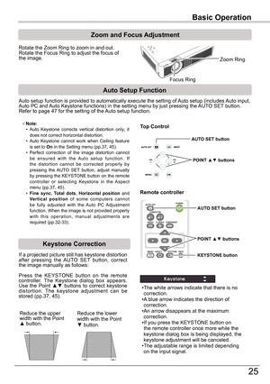 Page 25Basic	Operation
25
Basic	Operation
Rotate the Zoom Ring to zoom in and out.  Rotate the Focus Ring to adjust the focus of the image.  
Zoom	and	Focus	Adjustment
If a projected picture still has keystone distortion after  pressing  the  AUTO  SET  button,  correct the image manually as follows:
Press  the  KEYSTONE  button  on  the  remote controller.  The  Keystone  dialog  box  appears. Use  the  Point ▲▼  buttons  to  correct  keystone distortion.  The  keystone  adjustment  can  be stored (pp.37,...