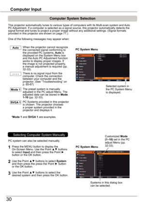 Page 3030
Computer	Input
PC	System	Menu
PC	System	Menu
Computer	System	Selection
This projector automatically tunes to various types of computers with it\
s Multi-scan system and Auto PC Adjustment. If a computer is selected as a signal source, this projector\
 automatically detects the signal format and tunes to project a proper image without any additional\
 settings. (Signal formats provided in this projector are shown on page 71.)
One of the following messages may appear when:
When the projector cannot...