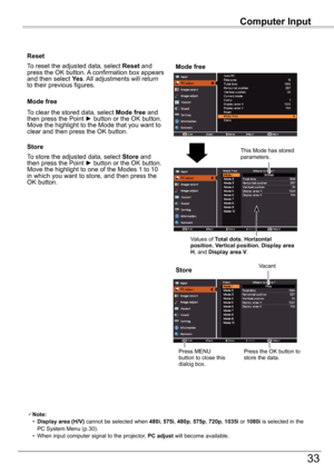 Page 33Computer	Input
33
Computer	Input
Store
To store the adjusted data, select	Store	and then press the Point ► button or the OK button. Move the highlight to one of the Modes 1 to 10 in which you want to store, and then press the OK button.
Mode	free
To clear the stored data, select Mode	free and then press the Point ► button or the OK button. Move the highlight to the Mode that you want to clear and then press the OK button.
Note: • Display	area	(H/V)	cannot be selected when 480i, 575i, 480p, 575p, 720p,...