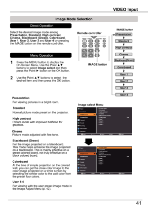 Page 41VIDEO	Input
41
VIDEO	Input
Image	select	Menu
Image	Mode	Selection	
Remote	controller
IMAGE	button
Select the desired image mode among Presentation, Standard, High	contrast, Cinema, Blackboard	(Green), Colorboard, User 1, User 2, User 3 and User 4 by pressing the IMAGE button on the remote controller.
Standard
Picture mode with improved halftone for graphics.
High	contrast
Blackboard	(Green)
User	1-4
For the image projected on a blackboard.This mode helps enhance the image projected on a blackboard. This...