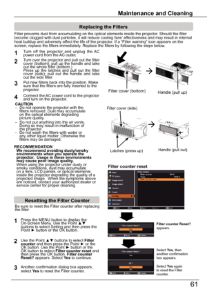 Page 6161
Maintenance	and	CleaningMaintenance	and	Cleaning
RECOMMENDATION	 We	recommend	avoiding	dusty/smoky	environments	when	you	operate	the	projector.		Usage	in	these	environments	may	cause	poor	image	quality. When using the projector under dusty or smoky conditions, dust may accumulate on a lens, LCD panels, or optical elements inside the projector degrading the quality of a projected image.  When the symptoms above are noticed, contact your authorized dealer or service center for proper cleaning.
Be sure...