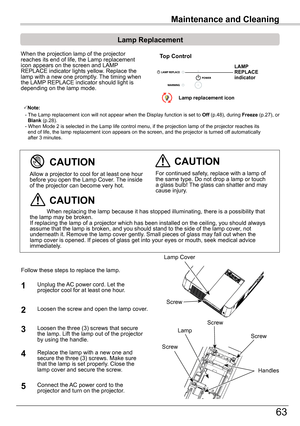 Page 63Maintenance	and	Cleaning
63
Maintenance	and	Cleaning
When the projection lamp of the projector reaches its end of life, the Lamp replacement icon appears on the screen and LAMP REPLACE indicator lights yellow. Replace the lamp with a new one promptly. The timing when the LAMP REPLACE indicator should light is depending on the lamp mode.
For continued safety, replace with a lamp of the same type. Do not drop a lamp or touch a glass bulb! The glass can shatter and may cause injury.
Allow a projector to...