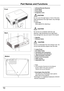 Page 1010
Part	Names	and	Functions
①⑤⑨③②
Front
Back
④
Bottom⑭
⑦⑩⑨
⑥
⑪
⑬
⑫⑧
⑮

⑨
① Infrared	Remote	Receiver② Zoom	Ring③ Focus	Ring④ Projection	Lens
CAUTION
Do  not  cover  the  light  beam  in  front  of  the  lens. High  temperature  from  light  beam  may  damage the lens.
⑤	Lens	Cap (See page 62 for attaching.)
⑥ Speaker
⑦ Exhaust	Vents
  CAUTION
Hot  air  is  exhausted  from  the  exhaust  vent.  Do not put heat-sensitive objects near this side.
⑧ Lamp	Cover⑨ Air	Intake	Vents⑩ Terminals	and	Connectors⑪ Top...