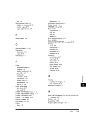 Page 134 
Index 
11-5 
Appendix
 
11 
key, 1-5
Multi-purpose feeder, 1-2
loading an envelope, 2-13
loading paper, 2-11
paper requirements, 2-1 
N 
Numeric keys, 1-6 
O 
Operation panel, 1-2, 1-5
Orientation
document, 2-15
paper, 2-15
Output tray, 1-2 
P 
Paper
acceptable paper, 2-2
cassette, 1-2
feeding problems, 9-12
jam, 2-2, 9-1, 9-7
loading, 2-4
orientation, 2-15
output area, 2-16
printing area, 2-3
requirements, 2-1
type, 2-17, 5-5
Paper output area
face down, 2-17
face up, 2-18
PAPER SETTINGS settings,...