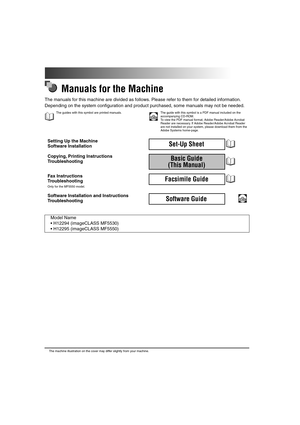 Page 3 
Manuals for the Machine 
The manuals for this machine are divided as follows. Please refer to them for detailed information.
Depending on the system configuration and product purchased, some manuals may not be needed. 
The guides with this symbol are printed manuals.
CD-ROM
 
The guide with this symbol is a PDF manual included on the 
accompanying CD-ROM.
To view the PDF manual format, Adobe Reader/Adobe Acrobat 
Reader are necessary. If Adobe Reader/Adobe Acrobat Reader 
are not installed on your...