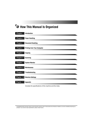 Page 4 
How This Manual Is Organized 
Introduction 
Paper Handling 
Document Handling 
Printing from Your Computer 
Copying 
Scanning 
System Monitor 
Maintenance 
Troubleshooting 
Machine Settings 
Appendix 
Includes the specifications of this machine and the index.
Chapter 1
Chapter 2
Chapter 3
Chapter 4
Chapter 5
Chapter 6
Chapter 7
Chapter 8
Chapter 9
Chapter 10
Chapter 11
 
Considerable effort has been made to ensure that this manual is free of inaccuracies and omissions. However, as we are constantly...