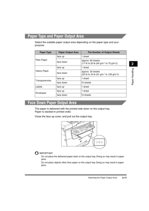 Page 48 
Selecting the Paper Output Area 
2-17 
Paper Handling
 
2 
Paper Type and Paper Output Area 
Select the suitable paper output area depending on the paper type and your 
purpose. 
Face Down Paper Output Area 
The paper is delivered with the printed side down on the output tray. 
Paper is stacked in printed order. 
Close the face up cover, and pull out the output tray.
IMPORTANT
  
Do not place the delivered paper back on the output tray. Doing so may result in paper 
jams.
  
Do not place objects other...