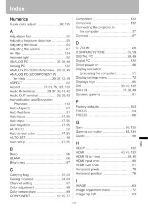 Page 139139
Index
Index
Numerics
6-axis color adjust ..........................92, 135
A
Adjustable foot ...................................... 35
Adjusting keystone distortion
 ................ 55
Adjusting the focus
 ............................... 54
Adjusting the volume
 ............................. 67
Air filter
 ................................................ 124
Ambient light
 ......................................... 92
ANALOG PC
 ............................... 37, 38, 49
Analog PC...