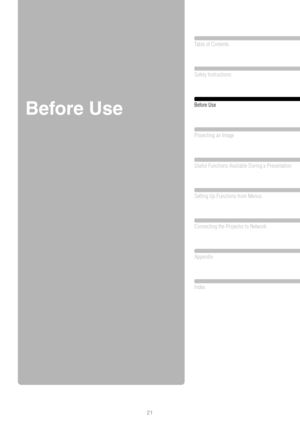 Page 2121
Table of Contents
Safety Instructions
Before Use
Projecting an Image 
Useful Functions Available During a Presentation
 
Setting Up Functions from Menus
Connecting the Projector to Network
Appendix
Index
Before Use 