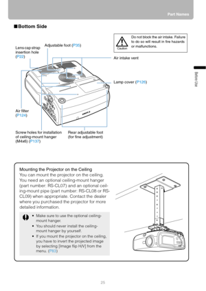 Page 2525Part Names
Before Use
■Bottom Side 
Mounting the Projector on the Ceiling
You can mount the projector on the ceiling.
You need an optional ceiling-mount hanger 
(part number: RS-CL07) and an optional ceil-
ing-mount pipe (part number: RS-CL08 or RS-
CL09) when appropriate. Contact the dealer 
where you purchased the projector for more 
detailed information.
 Make sure to use the optional ceiling-
mount hanger.
 You should never install the ceiling-
mount hanger by yourself.
 If you mount the...