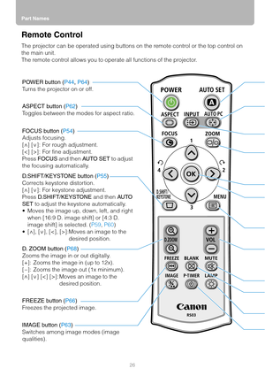 Page 26Part Names
26
Remote Control
The projector can be operated using buttons on the remote control or the top control on 
the main unit.
The remote control allows you to operate all functions of the projector.
POWER button (P44, P64)
Turns the projector on or off.
ASPECT button (P62)
Toggles between the modes for aspect ratio.
FOCUS button (P54)
Adjusts focusing.
[ ] [ ]: For rough adjustment.
[]: For fine adjustment.
Press FOCUS and then AUTO SET to adjust 
the focusing automatically.
