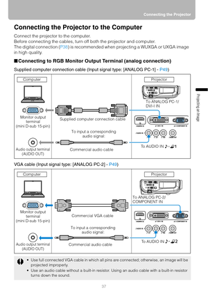 Page 3737Connecting the Projector
Projecting an Image 
Connecting the Projector to the Computer
Connect the projector to the computer.
Before connecting the cables, turn off both the projector and computer.
The digital connection (P38) is recommended when projecting a WUXGA or UXGA image  
in high quality.
■Connecting to RGB Monitor Output Terminal (analog connection)
Supplied computer connection cable (Input signal type: [ANALOG PC-1] - P49)
VGA cable (Input signal type: [ANALOG PC-2] - P49)
 Use full...