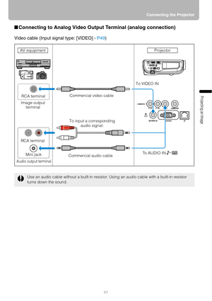 Page 4141Connecting the Projector
Projecting an Image 
■Connecting to Analog Video Output Terminal (analog connection)
Video cable (Input signal type: [VIDEO] - P49)
Use an audio cable without a built-in resistor. Using an audio cable with a built-in resistor 
turns down the sound.
RCA terminal
RCA terminal
Commercial audio cable Mini jackCommercial video cable
To input a corresponding 
audio signal:To VIDEO IN
To AUDIO IN 
Audio output terminal
AV equipmentProjector
Image output 
terminal 