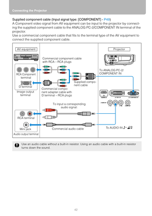 Page 42Connecting the Projector
42
Supplied component cable (Input signal type: [COMPONENT] - P49)
A Component video signal from AV equipment can be input to the projector by connect-
ing the supplied component cable to the ANALOG PC-2/COMPONENT IN terminal of the 
projector.
Use a commercial component cable that fits to the terminal type of the AV equipment to 
connect the supplied component cable. 
Use an audio cable without a built-in resistor. Using an audio cable with a built-in resistor 
turns down the...