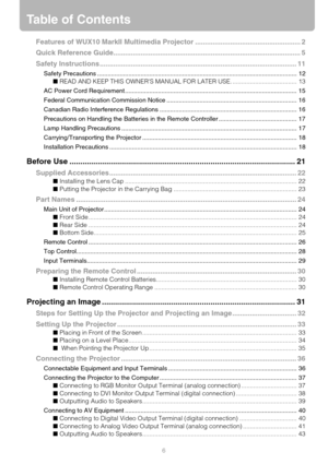 Page 66
Table of Contents
Features of WUX10 MarkII Multimedia Projector ...................................................... 2
Quick Reference Guide................................................................................................ 5
Safety Instructions ..................................................................................................... 11
Safety Precautions ................................................................................................................... 12
■...