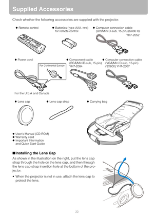 Page 2222
Supplied Accessories
Check whether the following accessories are supplied with the projector.
■Installing the Lens Cap
As shown in the illustration on the right, put the lens cap 
strap through the hole on the lens cap, and then through 
the lens cap strap insertion hole at the bottom of the pro-
jector.
 When the projector is not in use, attach the lens cap to 
protect the lens.
zRemote controlzBatteries (type AAA, two)
for remote control zComputer connection cable
(DVI/Mini D-sub, 15-pin) (SX80...