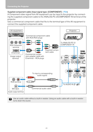 Page 46Connecting the Projector
46
Supplied component cable (Input signal type: [COMPONENT] - P54)
A Component video signal from AV equipment can be input to the projector by connect-
ing the supplied component cable to the ANALOG PC-2/COMPONENT IN terminal of the 
projector.
Use a commercial component cable that fits to the terminal type of the AV equipment to 
connect the supplied component cable. 
Use an audio cable without a built-in resistor. Using an audio cable with a built-in resistor 
turns down the...