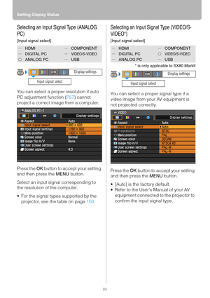 Page 80Setting Display Status
80
Selecting an Input Signal Type (ANALOG 
PC)
[Input signal select]
You can select a proper resolution if auto 
PC adjustment function (P57) cannot 
project a correct image from a computer.
Press the OK button to accept your setting 
and then press the MENU button.
Select an input signal corresponding to 
the resolution of the computer.
 For the signal types supported by the 
projector, see the table on page 150.
Selecting an Input Signal Type (VIDEO/S-
VIDEO*)
[Input signal...