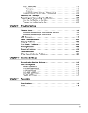 Page 8vii U.S.A. PROGRAM . . . . . . . . . . . . . . . . . . . . . . . . . . . . . . . . . . . . . . . . . . . . . . 8-9
Packaging  . . . . . . . . . . . . . . . . . . . . . . . . . . . . . . . . . . . . . . . . . . . . . . . . . 8-9
Shipping . . . . . . . . . . . . . . . . . . . . . . . . . . . . . . . . . . . . . . . . . . . . . . . . . . 8-11
CANADA PROGRAM-CANADA PROGRAMME . . . . . . . . . . . . . . . . . . . . . . 8-12
Replacing the Cartridge  . . . . . . . . . . . . . . . . . . . . . . . . . . . . . . ....