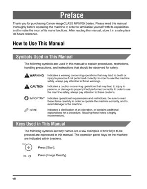 Page 9viii
Preface
Thank you for purchasing Canon imageCLASS MF5700 Series. Please read this manual 
thoroughly before operating the machine in order to familiarize yourself with its capabilities, 
and to make the most of its many functions. After reading this manual, store it in a safe place 
for future reference.
How to Use This Manual
Symbols Used in This Manual
The following symbols are used in this manual to explain procedures, restrictions, 
handling precautions, and instructions that should be observed...