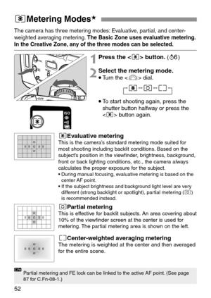 Page 5252
ZMetering Modes★
The camera has three metering modes: Evaluative, partial, and center-
weighted averaging metering.The Basic Zone uses evaluative metering.
In the Creative Zone, any of the three modes can be selected.
Partial metering and FE lock can be linked to the active AF point. (See page
87 for C.Fn-08-1.)
1Press the  button.(1)
2Select the metering mode.
•Turn the  dial.
•To start shooting again, press the
shutter button halfway or press the
 button again.
ZEvaluative meteringThis is the...