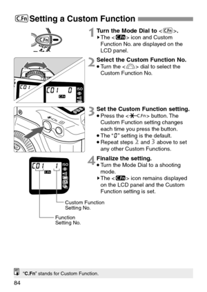 Page 8484
GSetting a Custom Function
1Turn the Mode Dial to .sThe  icon and Custom
Function No. are displayed on the
LCD panel.
2Select the Custom Function No.
•Turn the  dial to select the
Custom Function No.
3Set the Custom Function setting.
•Press the  button. The
Custom Function setting changes
each time you press the button.
•The “W” setting is the default.
•Repeat steps 2and 3above to set
any other Custom Functions.
4Finalize the setting.
•Turn the Mode Dial to a shooting
mode.
sThe  icon remains...