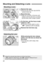 Page 2020
Mounting and Detaching a Lens
1Remove the caps.
•Remove the rear lens cap and the
camera body cap.
2Mount the lens.
•Align the red dots on the lens and
camera and turn the lens as shown
by the arrow until it snaps in place.
3On the lens, set the focus mode
switch to .
•If the focus mode switch is set to
, autofocus will not operate.
4Remove the front lens cap.
Mounting a Lens
Detaching the Lens
5While pressing the lens release
button, turn the lens as shown by
the arrow.
•Turn the lens until it stops,...