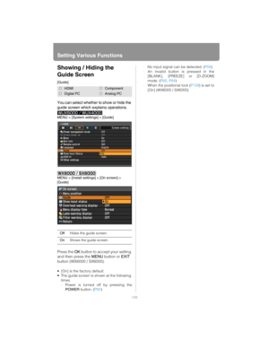 Page 126Setting Various Functions
126
Showing / Hiding the 
Guide Screen
[Guide]
You can select whether to show or hide the 
guide screen which explains operations.
MENU > [System settings] > [Guide]
MENU > [Install settings] > [On screen] > 
[Guide]
Press the OK button to accept your setting 
and then press the MENU button or EXIT 
button (WX6000 / SX6000).
 [On] is the factory default.
 The guide screen is shown at the following 
times.
-Power is turned off by pressing the
POWER button. (P80)-No input signal...
