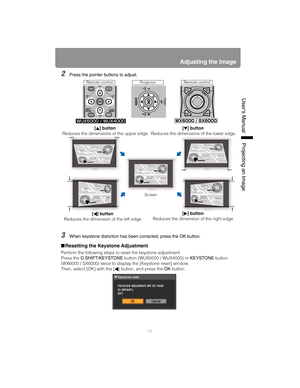 Page 7777
Adjusting the Image
User’s ManualProjectin
g an Ima
ge
2Press the pointer buttons to adjust.
3When keystone distortion has been corrected, press the OK button.
■Resetting the Keystone Adjustment
Perform the following steps to reset the keystone adjustment.
Press the D.SHIFT/KEYSTONE button (WUX5000 / WUX4000) or KEYSTONE button 
(WX6000 / SX6000) twice to display the [Keystone reset] window.
Then, select [OK] with the [ ] button, and press the OK button.
Remote control
Projector
[ ] button
Reduces the...